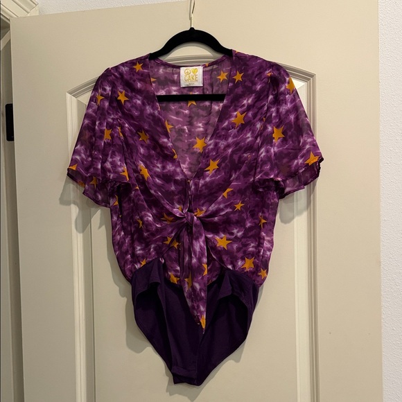 Cake Tops - Cake Purple Tie-Front Star Print Bodysuit